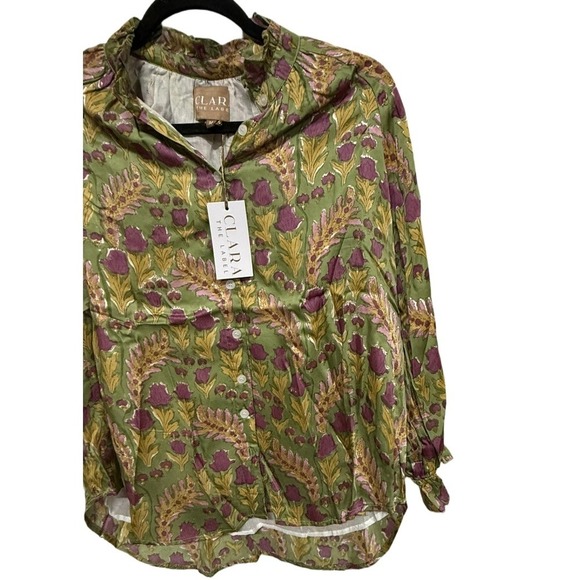 Clara The Label Blouse Size Medium NWT Green Floral Boho Cotton Blend Top - Picture 3 of 8